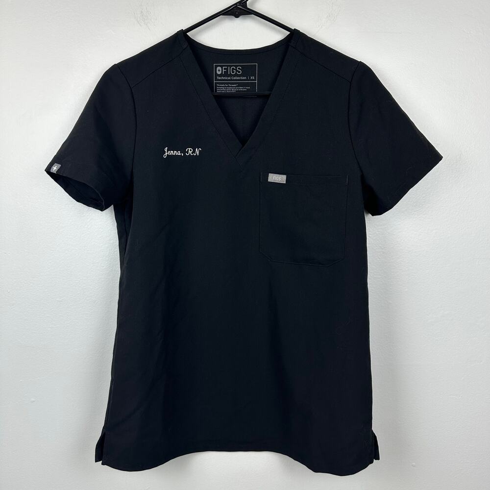 Figs Womens Technical Collection Short Sleeve V-Neck Pullover Black Scrub Top XS